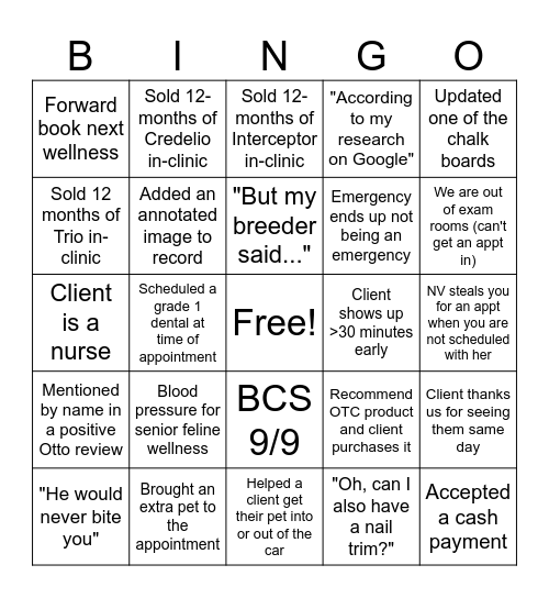 Healthy Paws Assistant BINGO Card