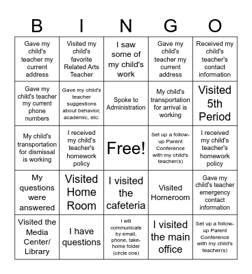 Park Avenue Parent Conference Bingo Passport Bingo Card