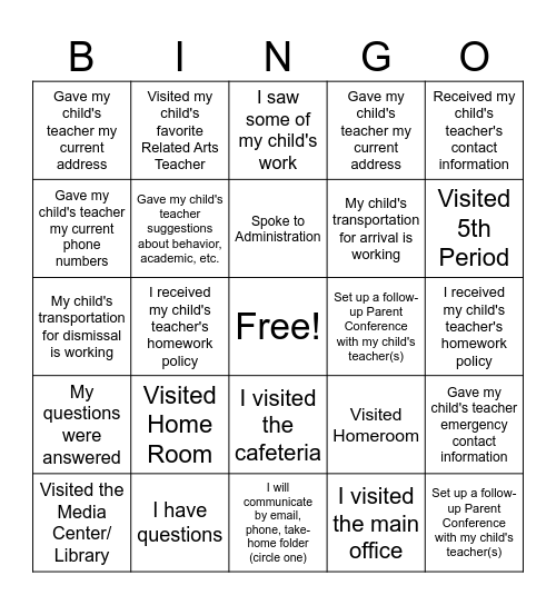 Park Avenue Parent Conference Bingo Passport Bingo Card