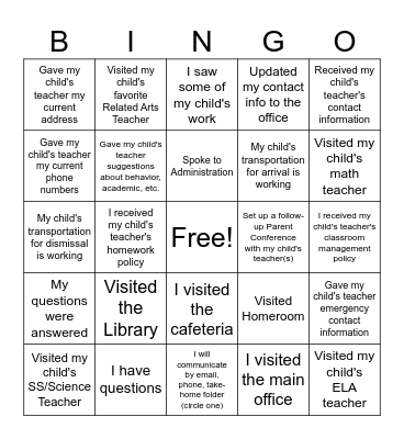 Park Avenue Parent Conference Bingo Passport Bingo Card