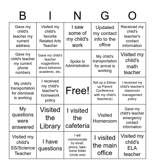 Park Avenue Parent Conference Bingo Passport Bingo Card