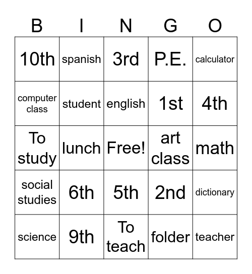 Spanish Subjects Bingo Card