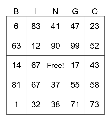 number bingo Card