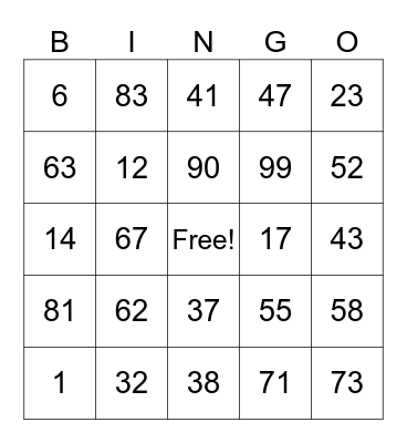 number bingo Card