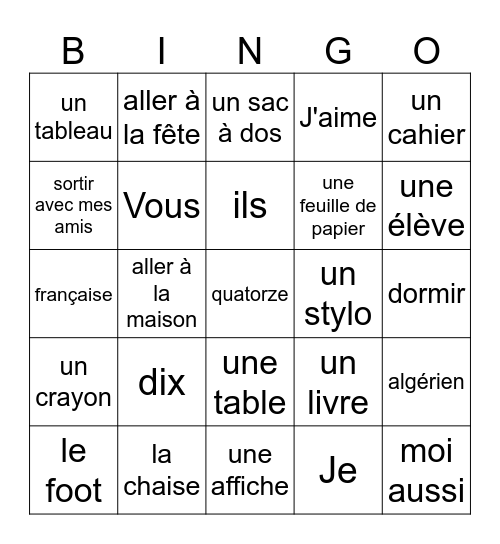 Unité 3 Leçon A Bingo Card