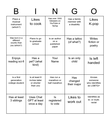 Get-to-know-you Bingo Card