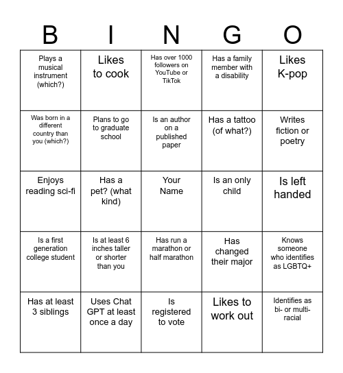 Get-to-know-you Bingo Card