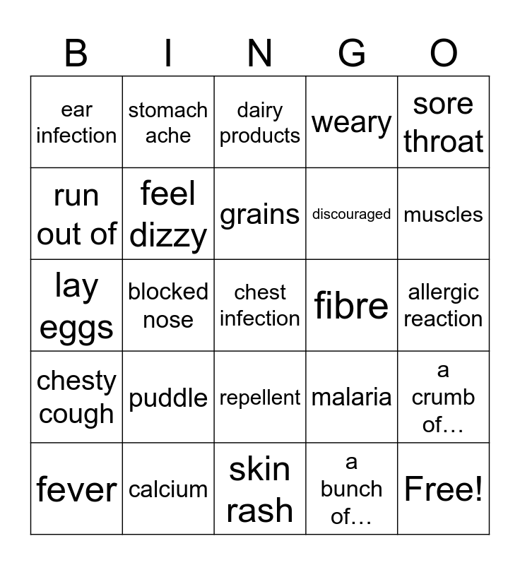 Vocabulary Unit 2 Bingo Card