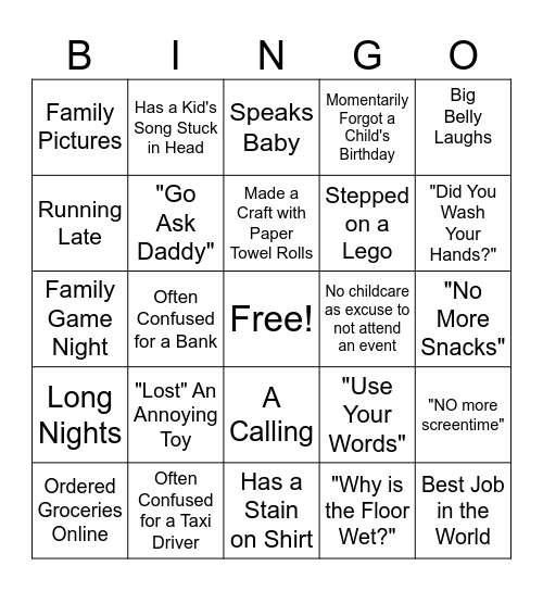 Motherhood Bingo Card
