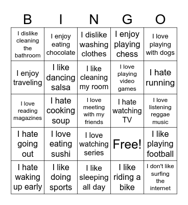 Likes and dislikes Bingo Card