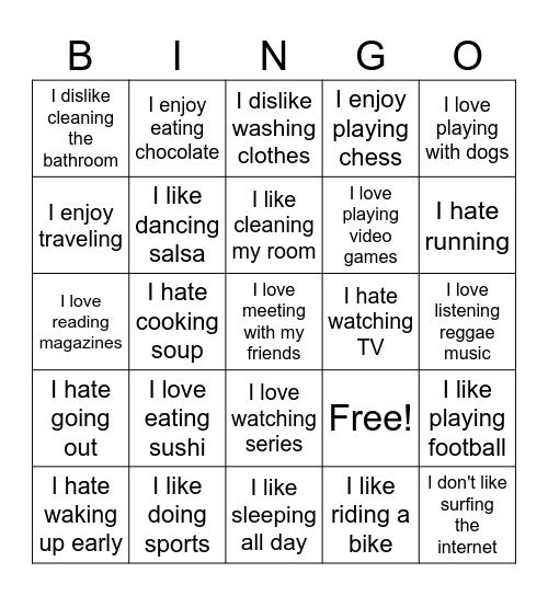 Likes and dislikes Bingo Card