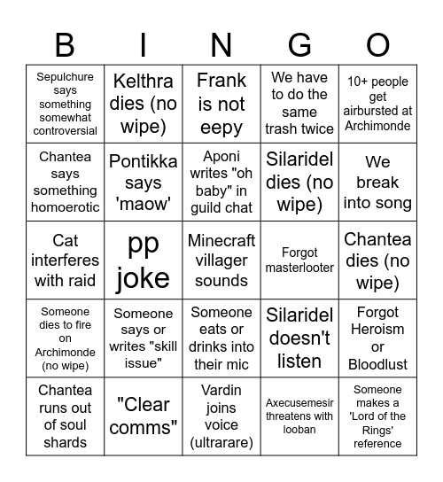 RAID NIGHT BINGO!!! Bingo Card