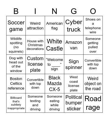 Boston Road Trip Bingo Card