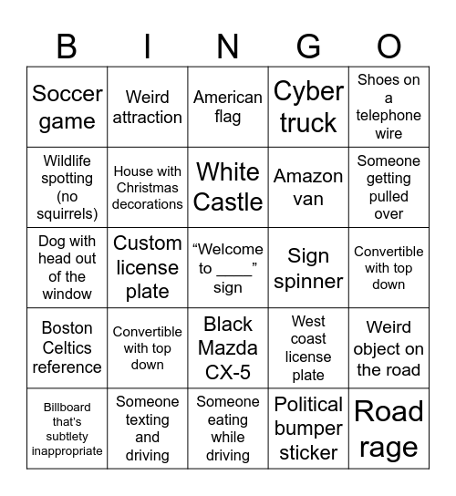 Boston Road Trip Bingo Card