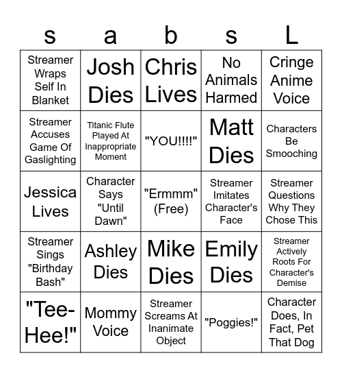 RosaCha Until Dawn Bingo Card