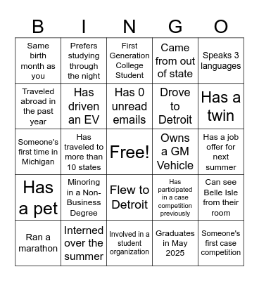 Case Competition Networking Bingo Card