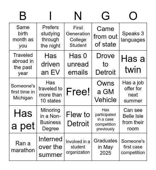Case Competition Networking Bingo Card