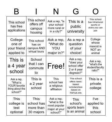 College & Career Fair BINGO! Bingo Card