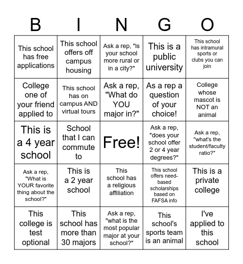 College & Career Fair BINGO! Bingo Card