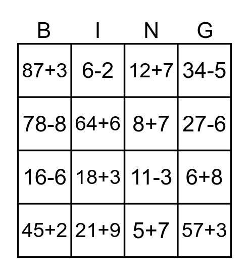 Dodawanie i odejmowanie Bingo Card