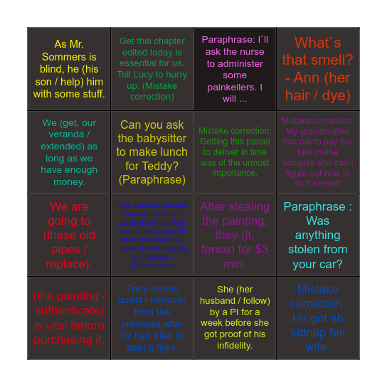 Causative Bingo Card