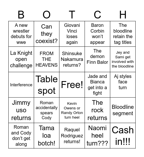 Smackdown & Bad Blood Bingo Card