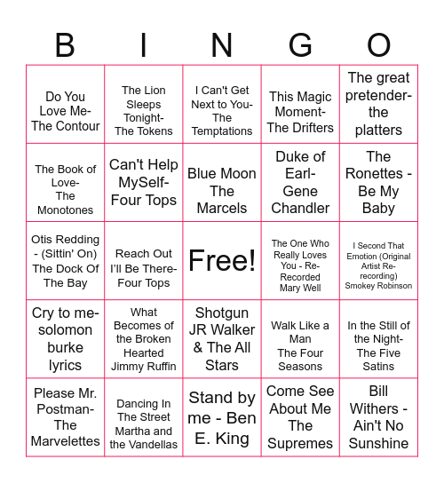 60's Motown & Doo wop songs bingo list 1 Bingo Card