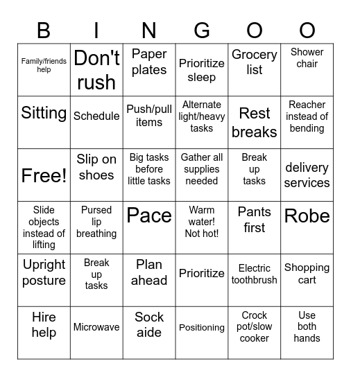 Energy Conservation Bingo Card