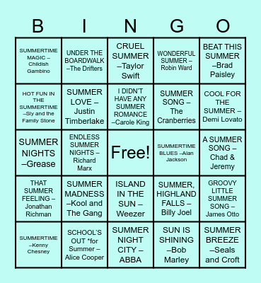 BB Citizens Summer Song Titles Bingo Card