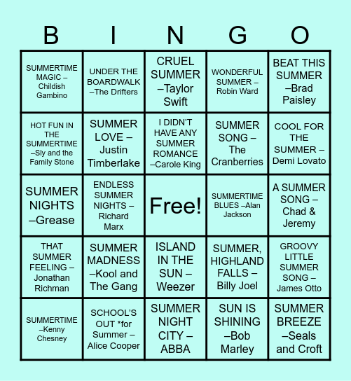 BB Citizens Summer Song Titles Bingo Card