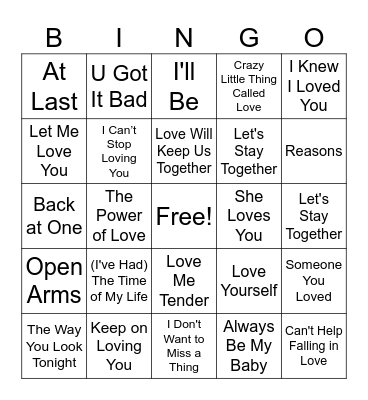 Love Songs Bingo Card