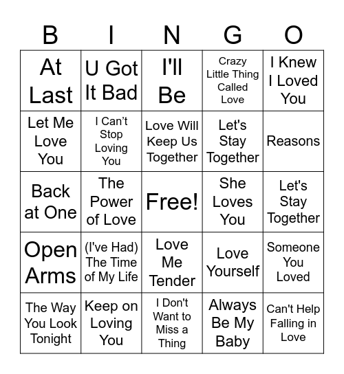 Love Songs Bingo Card