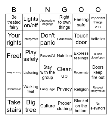 Rights, Responsibilities, and Fire Safety Bingo Card