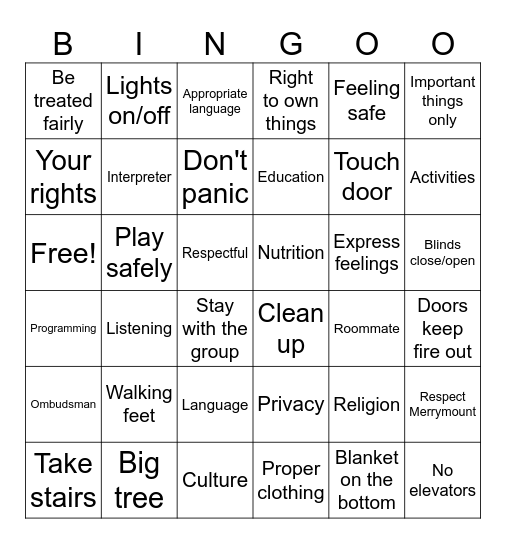 Rights, Responsibilities, and Fire Safety Bingo Card