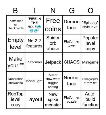 Geometry Dash 2.2 Recent Tab Bingo by Fr1man Bingo Card