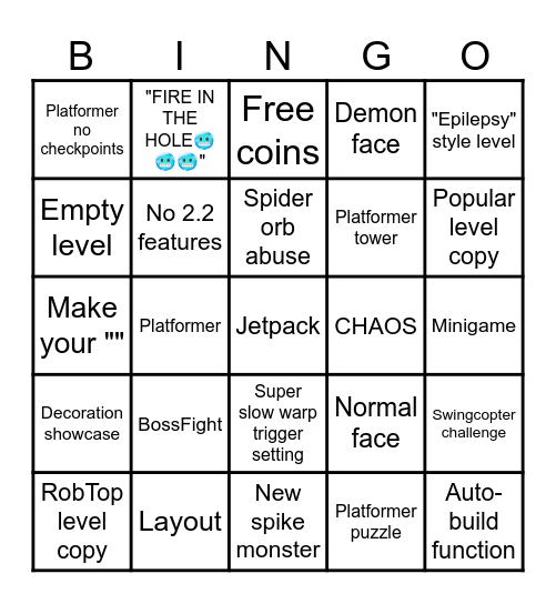 Geometry Dash 2.2 Recent Tab Bingo by Fr1man Bingo Card