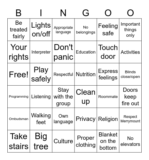 Rights, Responsibilities, and Fire Safety Bingo Card