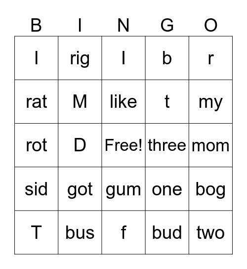 1st Grade Bingo Card