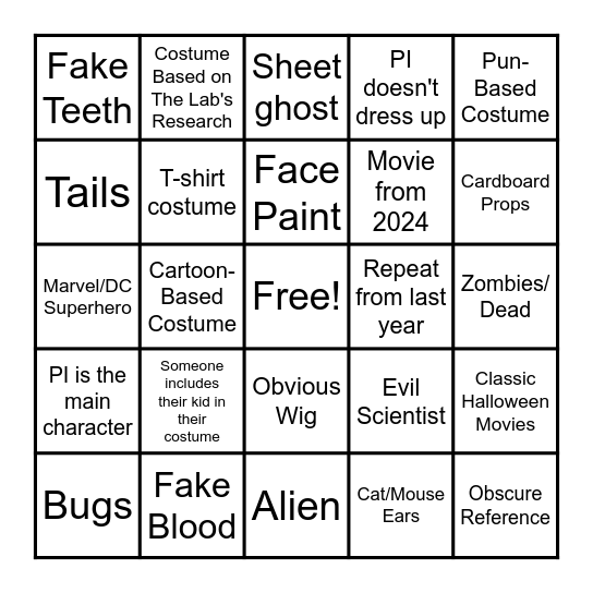 Costume BINGO Card