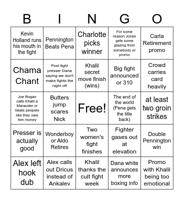 UFC 307 Bingo Card