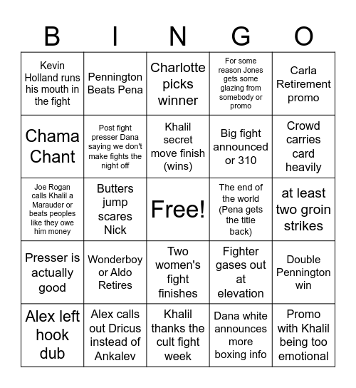 UFC 307 Bingo Card