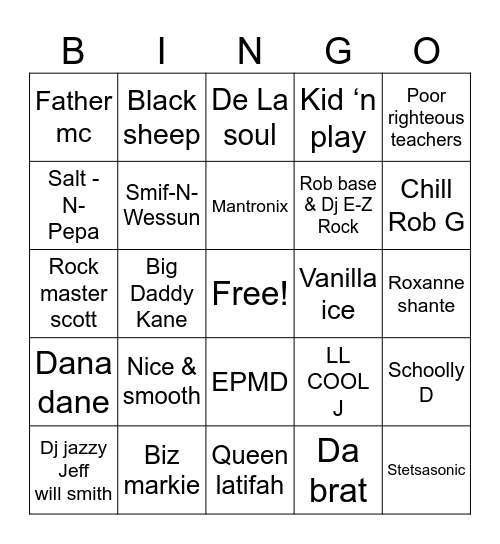 Stacy’s 80s Hip Hop Bingo Card