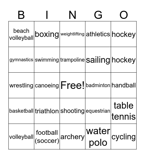 Olympic Game Bingo Card