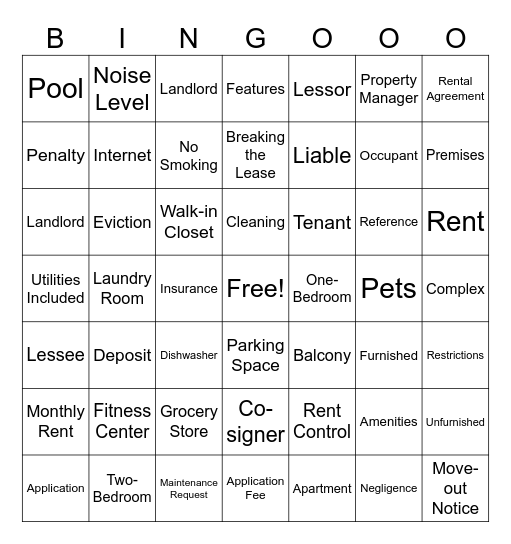 Finding an Aparment Bingo Card