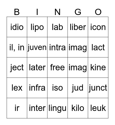 Vocabulary 415 419 Bingo Card