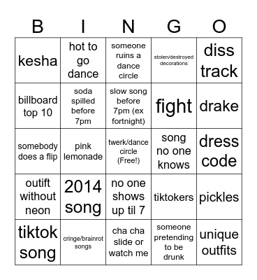 middle school dance predictions Bingo Card