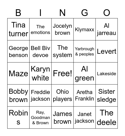 Stacy’s 80s R & B Bingo Card