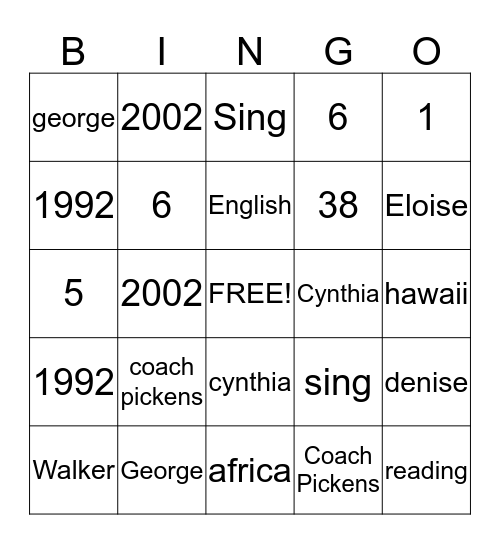 Mrs. Pickens' Bingo Card