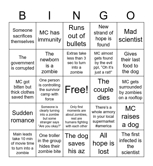 Zombie movie Bingo Card