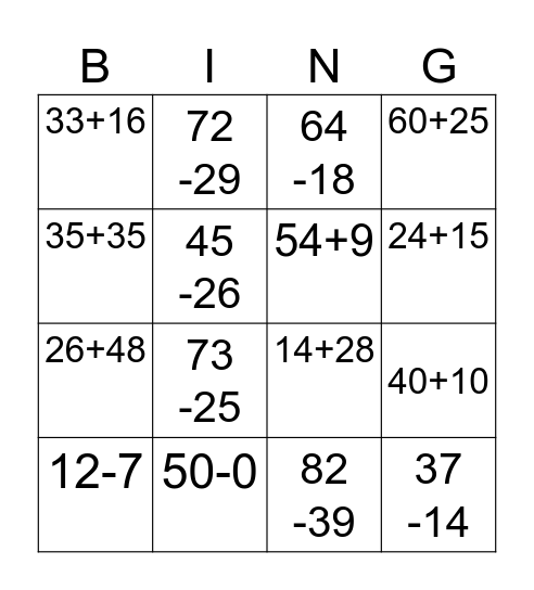 Addition and Subtraction Bingo Card